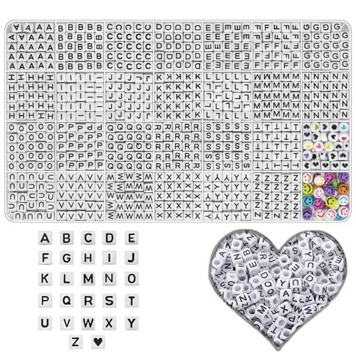 YMSDZHL Alphabet Beads A-Z 1200+Pcs Letter Beads, Acrylic 4x7mm Round Letter Bead Kits,Black Digit and Colorful Smile Bead for Bracelets Necklaces DIY Jewelry Making (Square White,1200+PCS)
