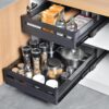 YOHOM Pull Out Cabinet Organizer – 17" W x 21" D Aluminum & Glass Drawer Organizer with Removable Dividers, Heavy Duty Pull Out Shelf for Kitchen Cabinets, Sliding Storage Tray, DIY Single Tier