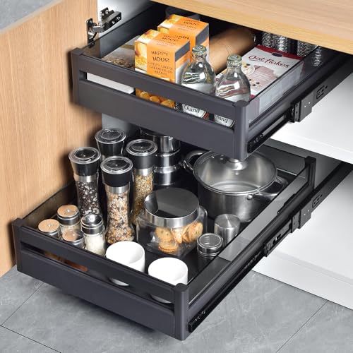 YOHOM Pull Out Cabinet Organizer – 17" W x 21" D Aluminum & Glass Drawer Organizer with Removable Dividers, Heavy Duty Pull Out Shelf for Kitchen Cabinets, Sliding Storage Tray, DIY Single Tier