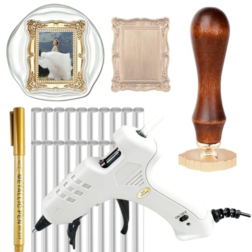 YOLAKIS DIY Frame Wax Seal Stamp Kit,with Glue Gun & 20 Clear Wax Seal Sticks Sealing Stamp Kit 3D Embossed Relief Picture Photo Frame Stamp for Wedding Invitations Gift Christmas Envelopes