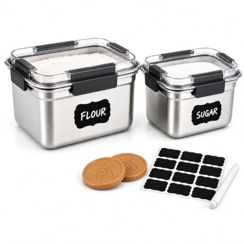 Yomjarl Flour Sugar Storage Containers Set of 2, Airtight Stainless Steel Food Canisters with Lids, Large Kitchen Pantry Organizer for Rice Baking Supplies, Labels Pen Moisture Indicator Discs