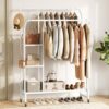 Yoobure Double Rods Clothes Rack - Portable Clothing Rack with Wheels, Rolling Garment Rack with 3-Tier Shelves & 4 Hooks, Freestanding Clothing Racks for Hanging clothes, Coat Rack for Closet Bedroom