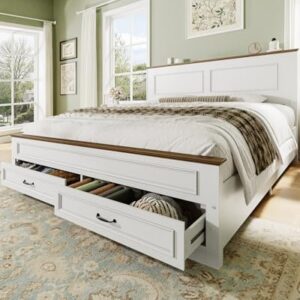 Yoobure Farmhouse Queen Bed Frame - Platform Bed Frame Queen Size with Headboard, Wood Beds with Storage Drawers, Wooden Bedframe with 18" Tall Footboard, No Noise, No Box Spring Needed, White