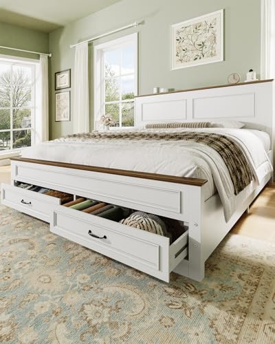 Yoobure Farmhouse Queen Bed Frame - Platform Bed Frame Queen Size with Headboard, Wood Beds with Storage Drawers, Wooden Bedframe with 18" Tall Footboard, No Noise, No Box Spring Needed, White