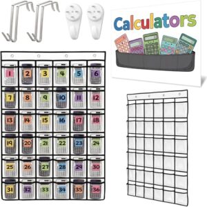 Yoojahow 36 Pocket Calculator Holder for Classroom Calculator Storage Organizer over The Door Hanging Storage Rack with Clear PVC Pockets, Number Stickers for Back to School Exam Room