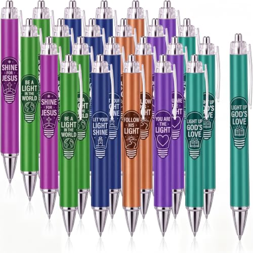YooNotee 24 Pcs Neon Christian Light Bulb Pens Bulk, Vbs 2026 Jesus Is the Light Retractable Ballpoint Pens Black Ink, Religious Inspirational Church Gifts for Bible Study Sunday School