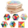 Yopay 6 Pack Wooden Tangrams Puzzles for Kids, 6 Styles Brain Teaser Hexagon Puzzle Block Geometric Shapes Jigsaw 3D Logic IQ Game
