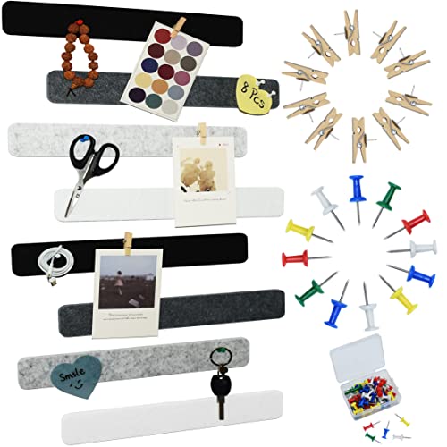 YOUDEFUL 8Pcs Bulletin Board Strips, Black White Grey Felt Pin Board Bar Strips with 50 Pushpins, Self-Adhesive Felt Cork Board Strips for Wall to Display Your Notes, Photos, Schedules, Announcements