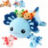 Youthfuljive 5 in 1 Axolotl Plush Toys for Girls Boys, 18" Mommy Axolotl Stuffed Animal with 4 Baby Axolotls Blue Stuffed Axolotl Plush with Babies Axolotl Plushies for Kids Toddler Birthday