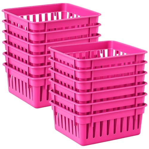 yskplrkn 12 Pack Small Classroom Storage Baskets for Classroom Organizing, 5.3 inch Square Plastic Bins for Teacher Supplies, Desktop Trays for School, Office, and Home Kitchen (Purple)