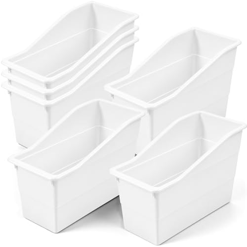 yskplrkn 6 Pack Book Bins for Classroom Library, Storage Organizer Bins Holders, 11.4 x 5.5 x 7.4 Inch Durable Plastic Containers for School, Office, Kitchen & Home Organization (White)