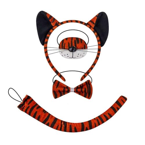 YUEELI 4pcs Tiger Animal Costume Accessory Set, Striped Tiger Ear Headband, Plush Tiger Nose, Bow Tie and Tiger Tail for Halloween Carnival Cosplay Fancy Dress Themed Party Decor