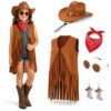 YUIQPKJX 5PCS Kids Cowgirl Costume Fringe Vest Cowgirl Hat Bandana Earrings Glasses for Carnival Halloween Cosplay Parties (Brown, L)