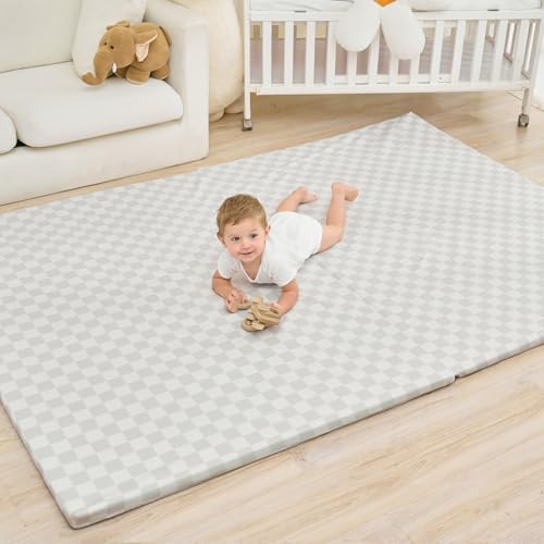 Yumiio Large Vegan Leather Baby Play Mat for Floor,1.3"Thick Foam 59x82 Foldable Waterproof Kids Play Mat,Stylish and Just Wipe-Clean Playmat for Baby Play on Floor (Grey Checker)