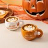YumiPLUS 4pcs Ceramic Mugs Set, 9.4OZ Cute Coffee Cup Set, Hello Pumpkin Design, Dishwasher Safe, Gift for Fall (Pumpkin)