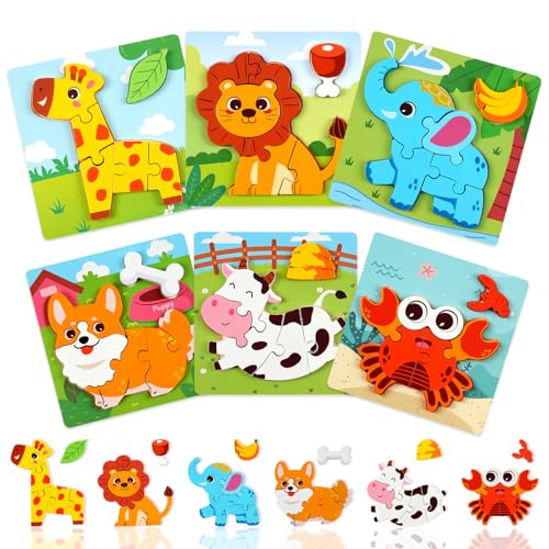 YUNCHY Wooden Puzzles for Toddlers 1-3, 6pcs Animal Jigsaw Puzzles for Toddlers, Montessori Educational Learning Toys for Kids Ages 1-4,Gifts for Boys Girls