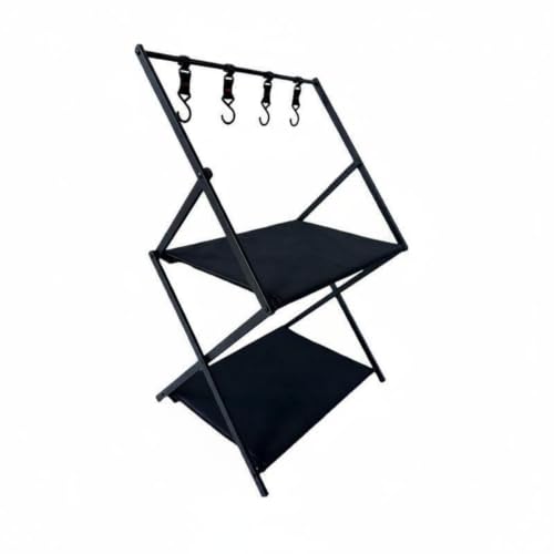 YunJove Outdoor Folding Shelf Camping Storage Rack Organizer Stand With Double Tier And Hook Bar Aluminum Alloy Structure Portable Foldable Setup Suitable for, Two-layer Oxford Cloth Storage Rack