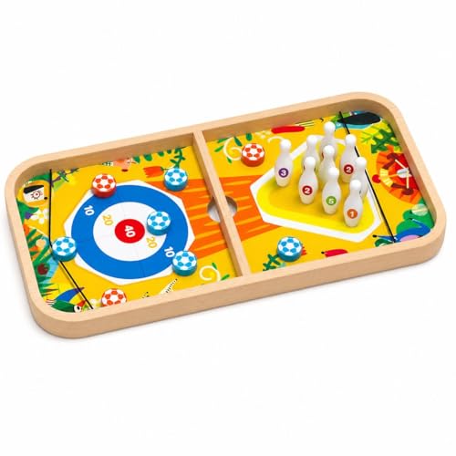 Yunmeryker 5-in-1 Multi-Game Board, Wooden Chess Set for Kids, Family Tabletop Games, Portable Bowling Slide Puck, Five-in-one Bouncing Chess A-Style + Two-in-one Elimination Game & Ludo