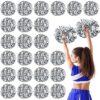 Yunsailing 24 Pack Cheerleading Pom Poms with Baton Handle 14.5 Inch Metallic Cheering Squad Pompoms for Team Sports Football Dance Cheering Adults(Silver)