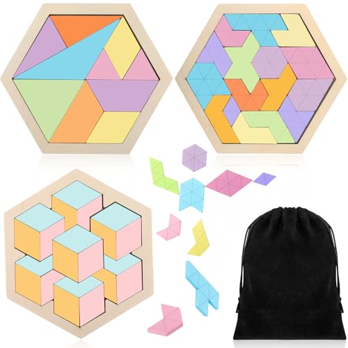 Yunsailing 3 Pack Large Wooden Blocks Puzzles Hexagon Tangram Puzzle Wooden Russian Brain Puzzles for Adult Challenge Teasers Geometric Jigsaw Logic Iq STEM Educational Gift Graduation(Fresh)