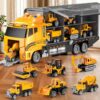 YunWings Toddler Boys Construction Truck Vehicle Toy Set with Play Mat and Die-Cast Toy Car, Transport Carrier Truck for Kids 3-5, Birthday Gifts Toys for 3-8 Year Old Boys