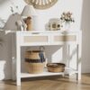 YUUIJOAA Boho Chic Console Table with 2 Rattan Drawers and Open Shelf Storage, Narrow Farmhouse Sofa Table for Small Space, Entryway, Hallway, Living Room,White