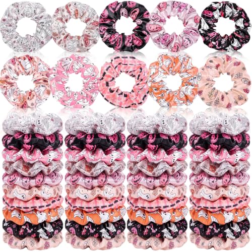 Yuxung 80 Pcs Pink Halloween Satin Hair Scrunchies for Women Spooky Cute Ghost Pumpkin Hair Ties Cute Elastic Bands Ropes Ponytail Holder Bulk Halloween Party Favors Goodie Bag Fillers