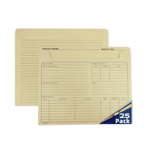YvnShine Project File Jackets with Preprinted Tracking Layout, 3-Sided Secure Storage, Straight Cut Tab, Letter Size Heavy Duty Manila File Folders with Note Lines, 25 Pack for Office Organization