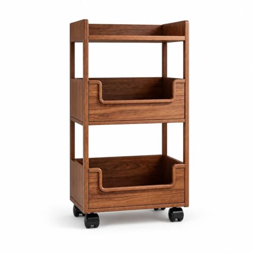 YWMJZEU Rolling Storage Rack Solid Wood Wooden Organizer with Wheels Easy to Move Utility Cart with Wheels for Laundry Room, Washroom, Small Space, Three-Tier Walnut Imported Solid Wood