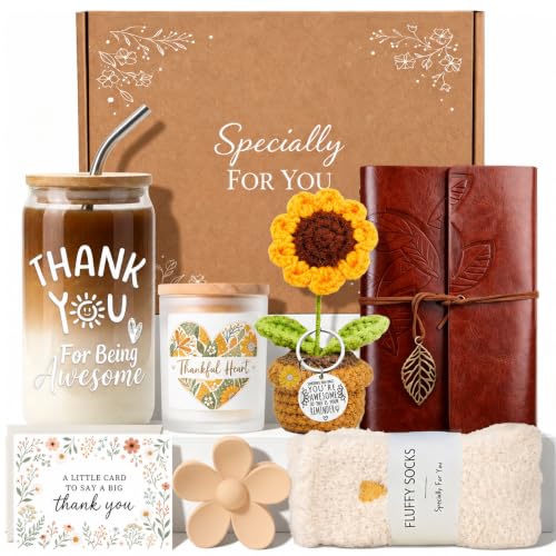 Ywxjutsn Thank You Gifts for Women, 8 Pcs Teacher Appreciation Gifts, Employee Appreciation Gifts for Teacher Nurse Leader Friend Doctor Coworkers, Thank You Box with Glass Cup Notebook Cards