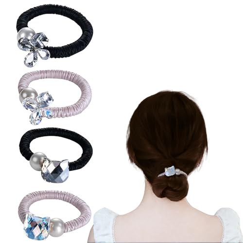 YYHTYZ 4 Pieces Premium Hair Ties Pearl Rhinestone Embellished Scrunchies with Flower Cat Designs High Elastic No Damage Ponytail Holders with Color-Shifting Crystals (rhinestone black&champagne pink)