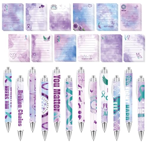 Zaamwoyy 24 Pcs Suicide Prevention Awareness Set, Retractable Ballpoint Pens with Teal and Purple Ribbon & Sticky Notes, Inspirational Mental Health Gift for Depressed People Teachers School