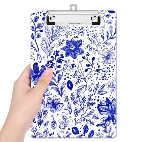 ZAXMEY Small Plastic Clipboard 6" x 9", Standard A5 Size Fashion Mini Clip Board, Suitable for Classrooms, Offices, Students, Women, Men, Children, Decorative Cute Custom Patterns, Blue Floral