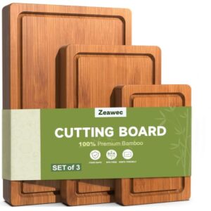 Zeawec 3-Piece Set Deep-Carbonized Bamboo Cutting Board for Kitchen - Crack-Resistant Wood Chopping Boards with Deep Juice Grooves, Pre-Oiled Butcher Block for Meat, Vegetables & Cheese, Carbonized