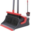 Zeawec Broom with Dustpan Combo Set, Long Handle Upright Standing Self-Cleaning Broom and Dustpan Set for Pet Hair & Dust Cleanup, Indoor Outdoor Use for Home, Kitchen, Office, Red & Gray