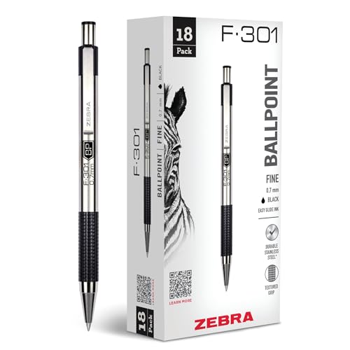 Zebra Pen F-301 Ballpoint Black Ink Fine Point 0.7mm Pen, Easy-Glide Ink, Stainless Steel Retractable, Non-Slip Grip, Professional Design, Ideal for Office, Journal and Planner Use, 18-Pack (27118)