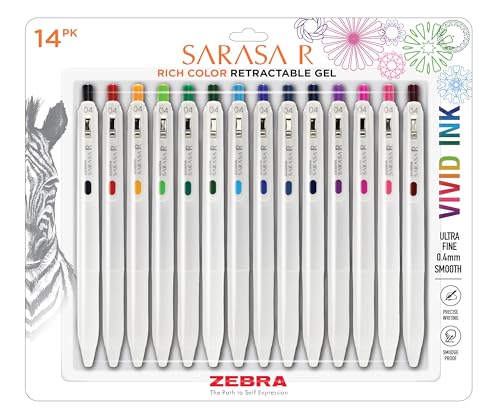 Zebra Pen, SARASA R Gel Pens, Assorted Ink Colors, 0.4mm Fine Point, Vivid Ink to Create Deep, Saturated Color and Smooth Gel Lines, Quick-Drying for Smear-Free Writing, Made in Japan, 14-Pack (47714)