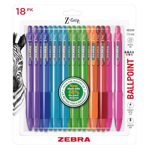 Zebra Pen Z-Grip Recycled Retractable Ballpoint Pens,1.0mm, Assorted Bright Ink, Durable Metal Clip, 68% Recycled (GRS Certified; Global Recycled Standards), School & Office Supplies, 18-Pack (23118)