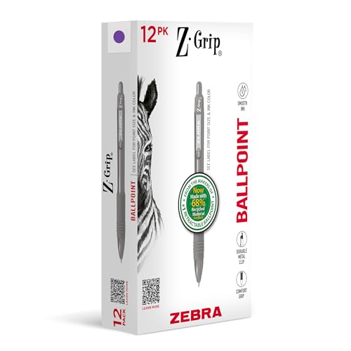 Zebra Pen Z-Grip Recycled Retractable Ballpoint Pens,1.0mm, Purple Ink, Durable Metal Clip, 68% Recycled (GRS Certified; Global Recycled Standards), School & Office Supplies, 12-Pack (20680AMZ)
