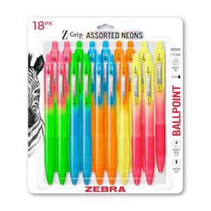 Zebra Pen Z-Grip Retractable Ballpoint Pen, Smooth-Flowing Black Ink, 1.0mm Medium Point, Assorted Ombre Neon Barrels, Teacher, School & Office Supplies, Ideal for Note-Taking, 18-Pack (23018AMZ)