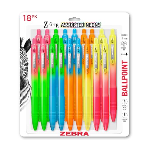 Zebra Pen Z-Grip Retractable Ballpoint Pen, Smooth-Flowing Black Ink, 1.0mm Medium Point, Assorted Ombre Neon Barrels, Teacher, School & Office Supplies, Ideal for Note-Taking, 18-Pack (23018AMZ)