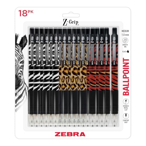 Zebra Pen Z-Grip Retractable Ballpoint Pen, Smooth-Flowing Black Ink, 1.0mm Medium Point, Animal Print Barrels, Teacher, School & Office Supplies, Ideal for Note-Taking, 18-Pack (22818AMZ)