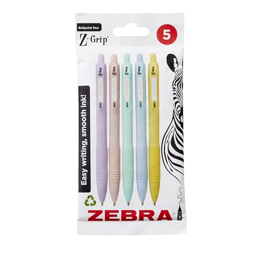 Zebra Pen Z-GRIP Smooth Ballpoint Pens Black Ink 5pk - Pastel Barrel 1mm Medium Point Retractable Ink Pens with Clip - Smooth Writing Pens with Low Viscosity Ink, Comfort Grip - 5 Pens Multipack