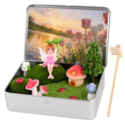 Zen Garden Kit for Desk Decor, Mini Zen Sand Garden with Tina & 1 Rake, Green Sand & 11 Accessories, Japanese Gifts for Meditation Room Office Home (Fairy Style)