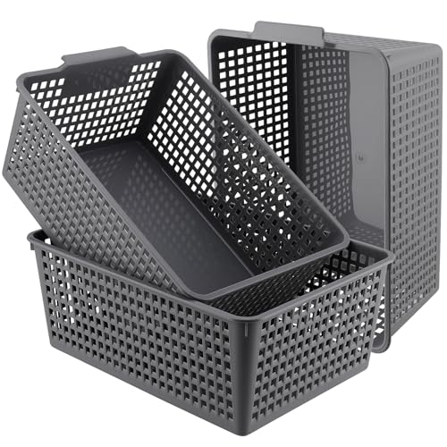 ZEONHEI 3 Pack Large Plastic Storage Baskets, 14.3 x 10.2 x 5.7 Inch Grey Storage Bins, Stackable Plastic Woven Basket Organizer Tray for Pantry Organization