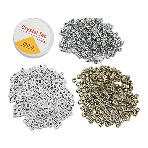 Zerodis Beading Kits Craft Materials Jewelry Making White Gold Silver Alphabet Beads Craft Beads for Hand Eye Coordination Stimulate Imagination 600Pcs Letter with Fish Wire for