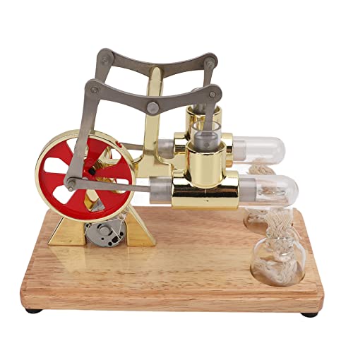 Zerodis Golden Stirling Engine Educational Toy, Metal Two Cylinder Hot Air Engine with LED Lights, Visible Piston Motion, Nonslip Base, Physics Model for Kids Classroom Desktop