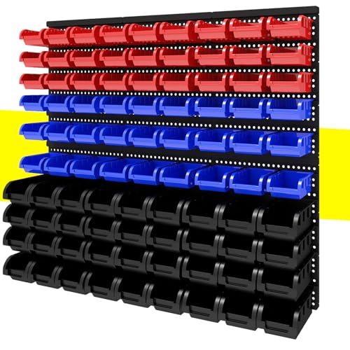ZEUKMXOO 90Pcs Plastic Wall Mounted Storage Bins Parts Rack Nuts And Bolt Bins Organizer For Shop Garage for Screws, Nuts, Bolts, Nails, Beads, and Small Hardware Parts,Red,Blue,Black