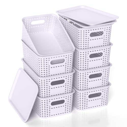ZFTMRR Plastic Storage Basket with Lid, Stackable Small Box Bins for Organizing and Containers for Shelves Drawers Desktop Closet Playroom Pantry Classroom Office Home, 8 Pack 10.2"x7.2"x4.1" Lavender