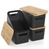 ZFTMRR Plastic Storage Bins with Bamboo Lids, Stackable Small Box Baskets for Organizing and Containers for Shelves Drawers Desktop Closet Pantry Classroom Office Home, 4 Pack 12x7.3x6.2 Inch, Black